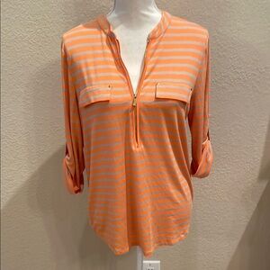 NWT Calvin Klein Orange/Tan Cuffed Sleeve Blouse with 3/4 zipper front